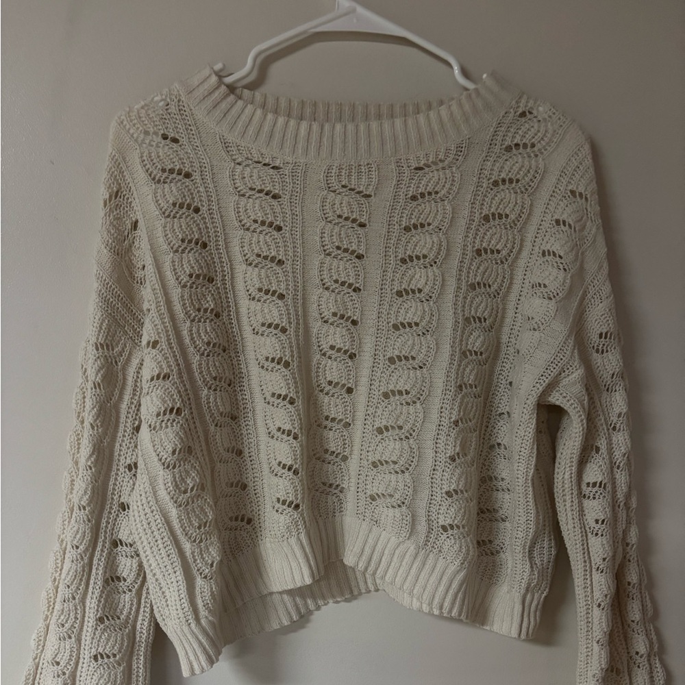 American Eagle Outfitters Cream Open-Knit Cable Crewneck Sweater